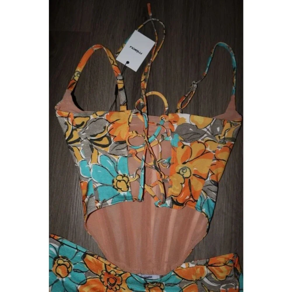 Miaou V Corset Top and Micro Mini Skirt in Parisian Flower Orange